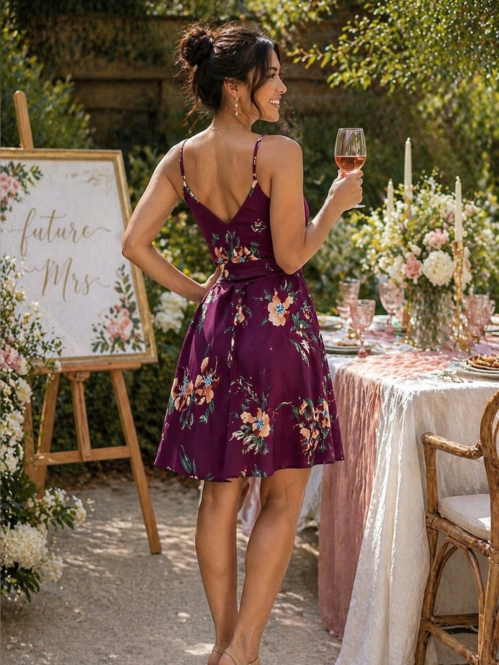 Burgundy Floral V-Neck Spaghetti Strap Adjustable Wrap Fit & Flare Dress - Picture 2 of 7